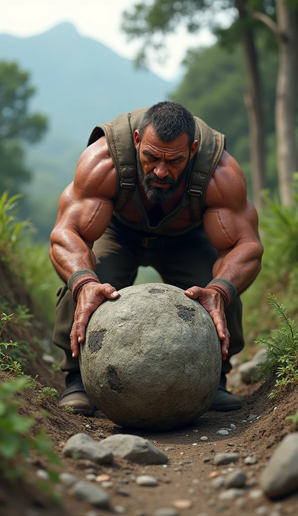 Black man pulling a round rock with his hands 