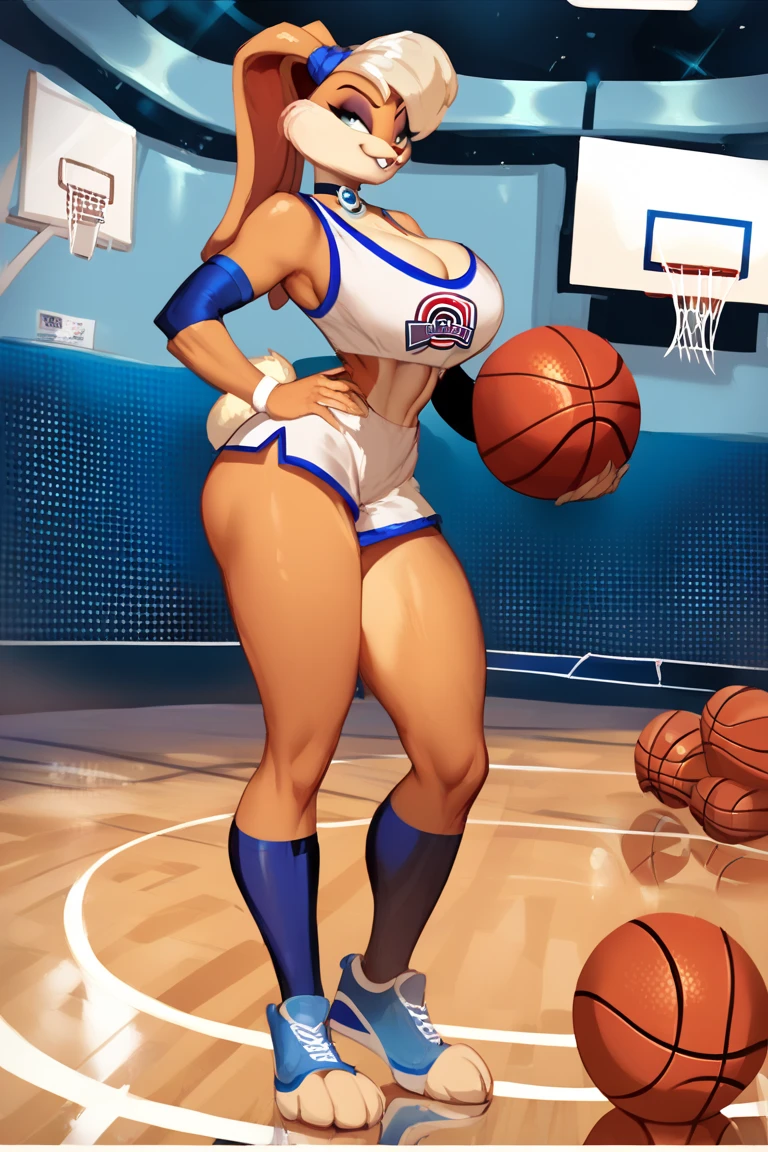 on a basketball court, tugging at clothes, seductive smirk, medium breasts, wide hips, big ass, Lola Bunny,standing, blushing,sweating, muscular arms