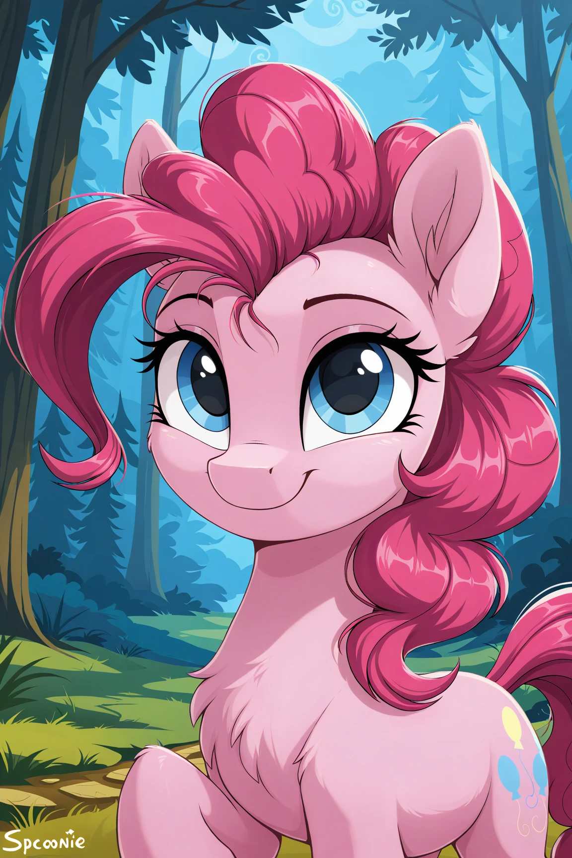 <lora:MLP_PINKIE_PIEV2:1> pinkie_pie, pokemon (creature), no humans, blue eyes, pink hair, tail, pink skin, smile, horse, animal focus ,(on magic forest:1.5) , (best quality:1.5) , (masterpiece:1.5) , (detailed:1.5) , (DETAILED EYES:1.5) , (DETAILED FUR:1.5) , (BODY COVERED FUR1.5) , (PINK FUR:1.5) , (IMAGE WITH DEFINED CONTOURS:1.5) , <lora:add_detail:0.3>