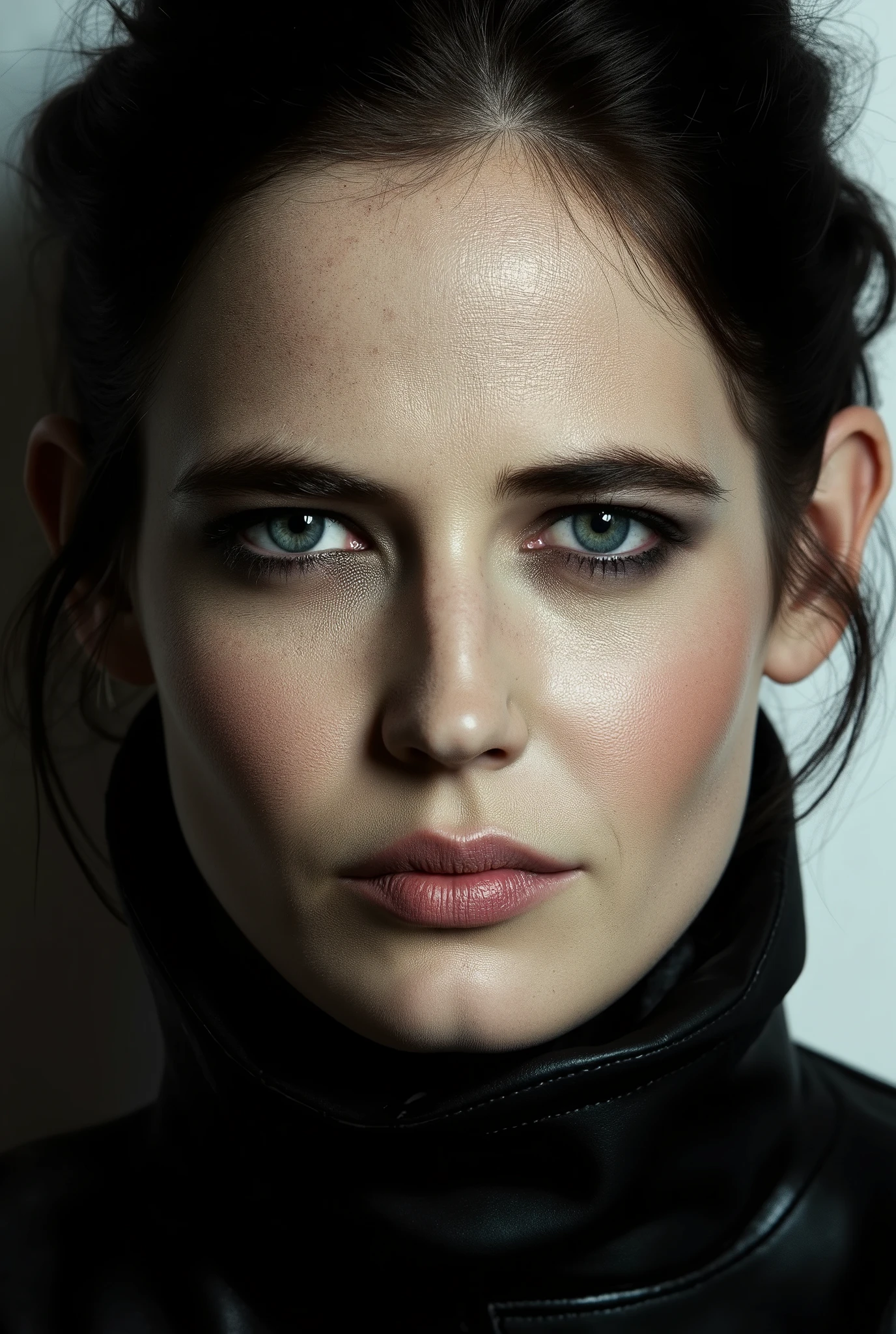 organic face of actress Yulia Snigir and actress Eva Green, black leather jacket, minimum facial makeup