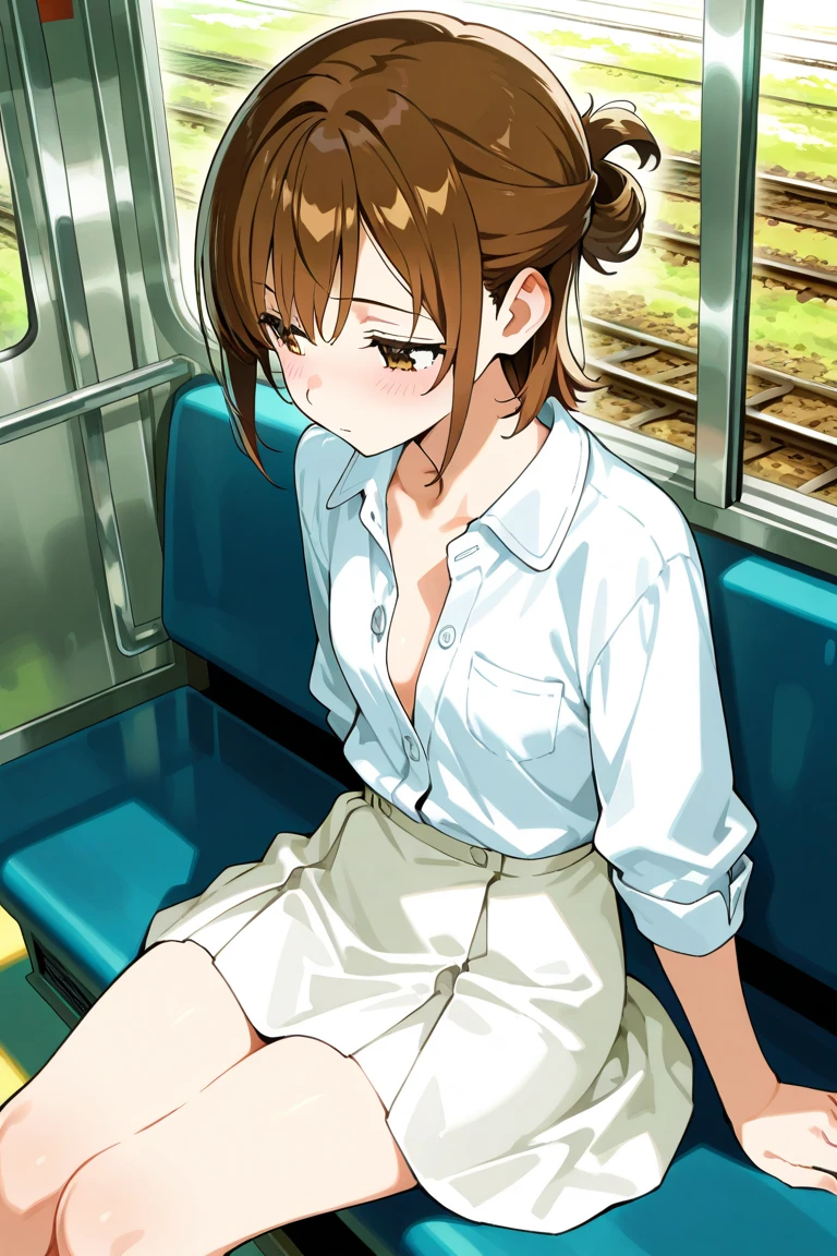 (1) Sitting alone on a long seat in a train,Sit with your legs apart,Showing white panties, Composition from the front,Low - Angle,
(2) I'm a jk, She is wearing a uniform consisting of a miniskirt, sailor suit and loose socks.,
(3) I have medium length brown hair,
(4) The expression is provocative and smirking.,
(5) The location is a long seat on the Yamanote Line at night.,There are no other customers,The view outside the window is the night view of the city