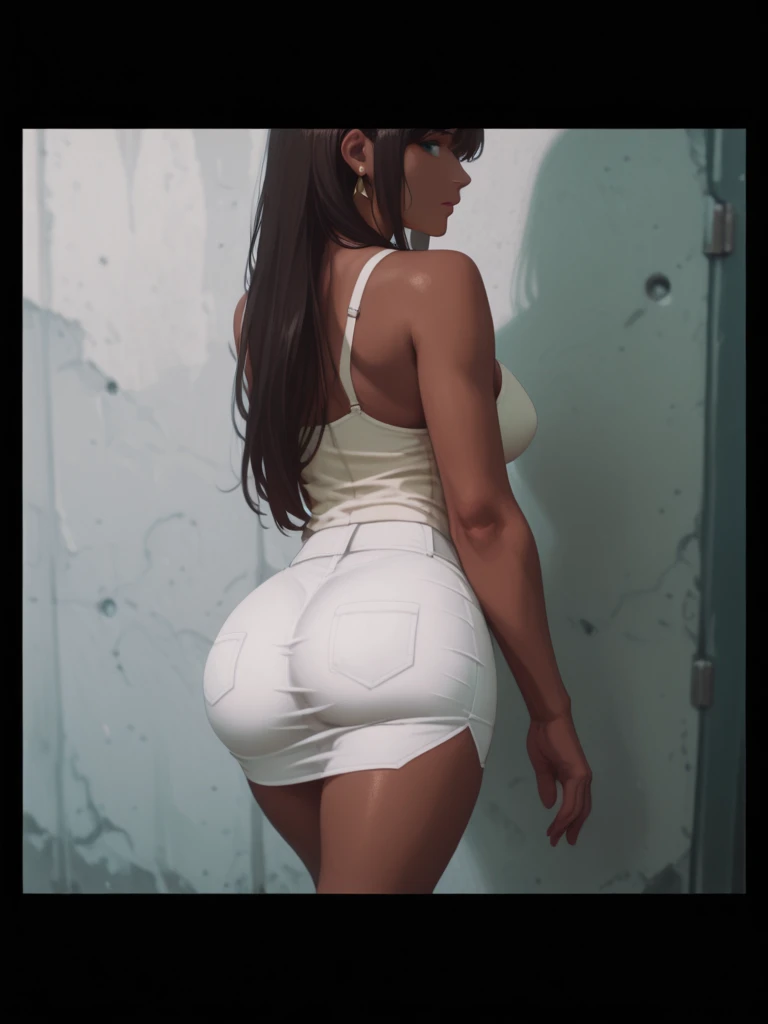 (high resolution, The pixels are perfect, luxurious illustration), (hyper qualit, Masterpiece, Ethereal: 1.4),(Solo:1.4),Let her be naked,A woman,Realistis, ((No bra)),(((nacked hip))),wetted skin, the wallpaper,full bodyesbian,Carmelto,In the shower,kneels on the ground,spilled milk,There is milk at the corner of the mouth,(((There is only a soaked towel around the waist))),Carmelto,a mature female,Black areola,Female leakage,Armpit hairy,Sexual suggestiveness,(((A MILF: 1.4))), (Curvy:1.35),((((Dark skin)))),long whitr hair,Curvy physique, Fitness model, Thick body,(((facing away from the audience))),from back