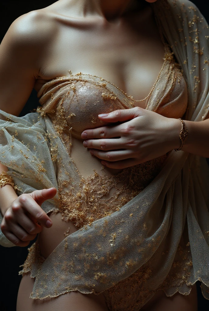A very beautiful super skinny naked girl very huge breasts with very thin arms thin waist and very thin skinny long legs wearing gold jewellery gold chain waist band ,tied with rope , hands above head and hands tied with rope on bed, lying on bed , with begging face , helpless, aerial shot cover full body ( photorealistic)