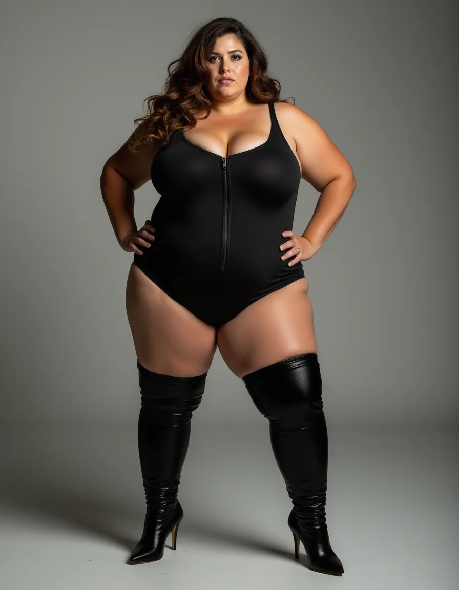 Create image where the costume is a bodysuit,all Black,but with a cat-like cleavage on her breasts, big breasts and robust body,the suit is tight on the body,She wears knee-high boots with high heels and all black. She wears a small cat-shaped mask, she is white and has long black hair.