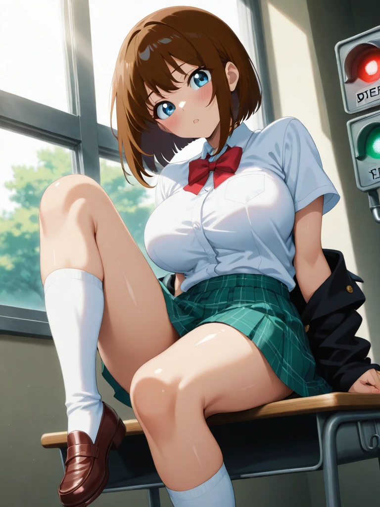 falda plisada, mangas cortas, uniforme escolar, muslos, tacones altos, session, Piernas cruzadas, Pussy, tetas desnudas