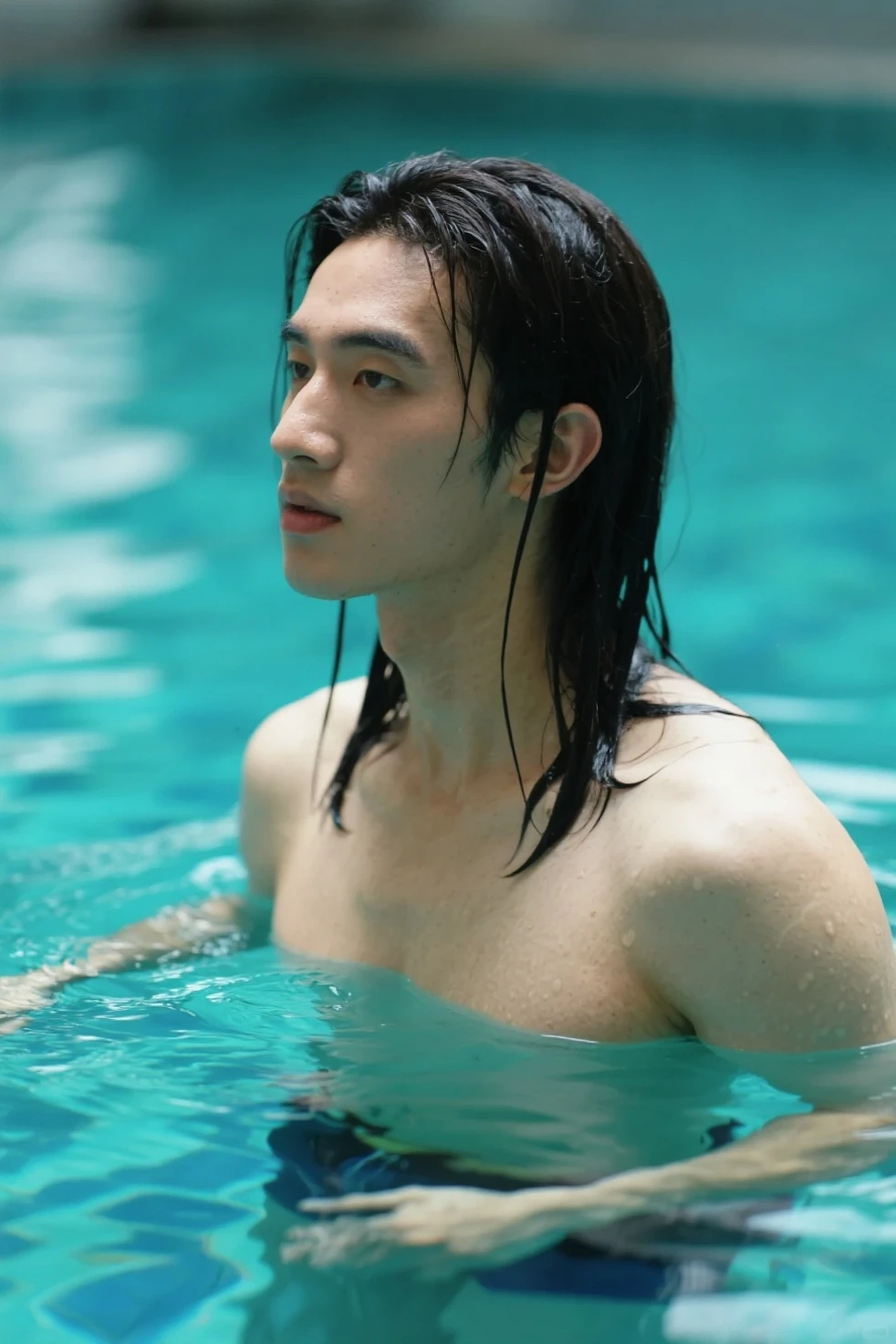 (nsfw, perfect body, high light, 8K:3.5), (Only one person, Naked with a beautiful erect penis, Young Thai man:2.63), (15 years old), (Perfect handsome man, Small and beautiful face, Dirty, Energetic Inspiring, beautiful:2.82), (Medium length hair with symmetrical center parting:2.6), (tones, 8 Pack Abs, Slim and muscular, Hair-free skin:2.75), (sweat body:4), ((dashed eyes, shiny hair)), (((front view, looking at viewer, Sitting in a tropical pool))), (((best penis, best legs, best testicles, best fingers))), necklace, ear cuff, bracelet