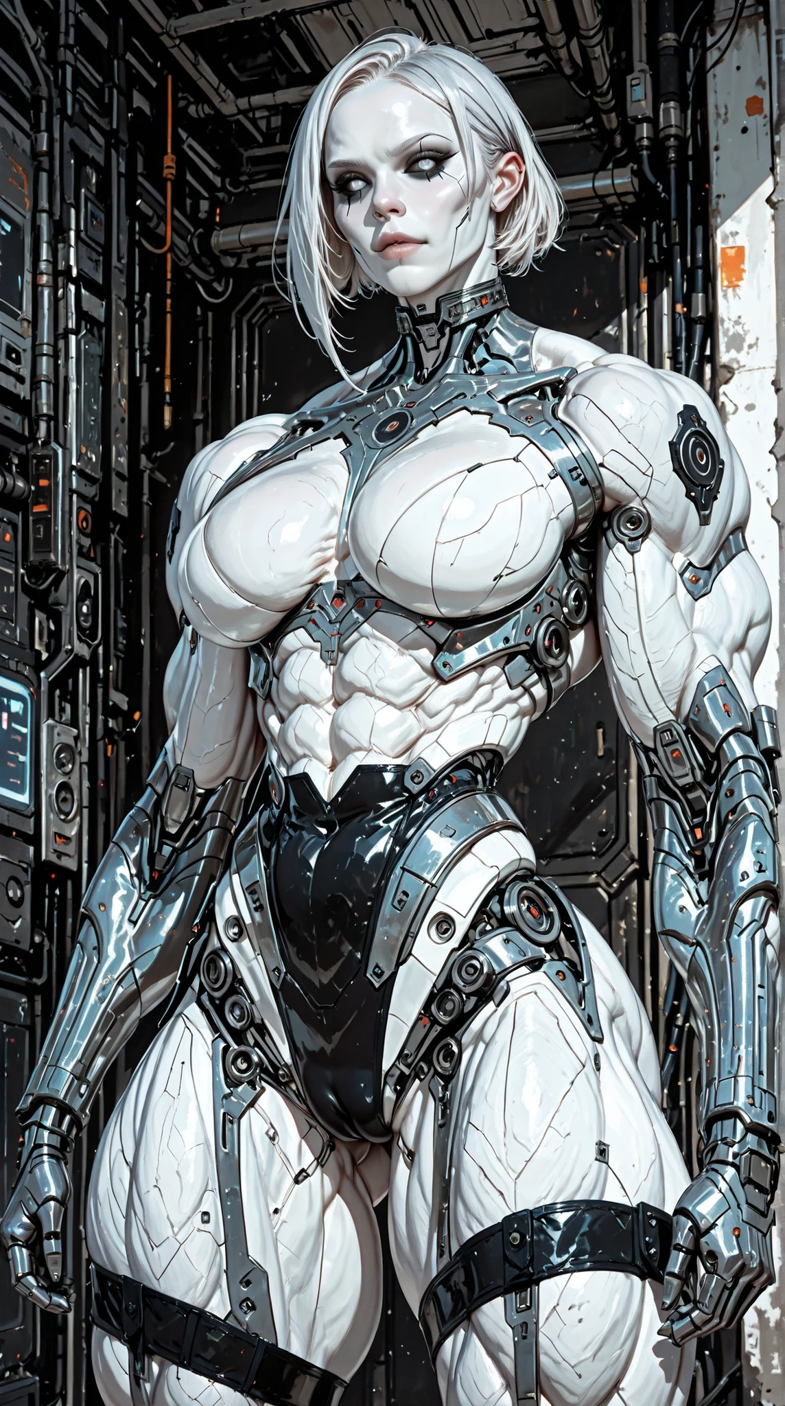 (Asian:1.5), Photo, Photo realistic, (hyper muscular albino Dominatrix futa showing her muscular bodybuilder physique:1.25), ((Albinism skin)), platinum blonde hair, white skin, pale skin  femboy, 18 years old , (beautiful girl face:1.5), (:1.25), micro , (hyper muscular bodybuilder femboy physique:1.25), hyper muscular Dominatrix futa showing her muscular bodybuilder physique, low haircut cyberpunk style, white silver goddess, choker, slutty rave  femboy, (goth makeup), (black sclera:1.25), (white eyes:1.45), (huge hyper muscular biceps:1.5), high quality, high resolution, high definition, HRD, Best quality, official art, sinozick style, (full cyborg arms:1.25), (cybernetic body implants:1.25), dim lighting, dark setting, mcnm, G0thicL1nes, TuliEmbedADface