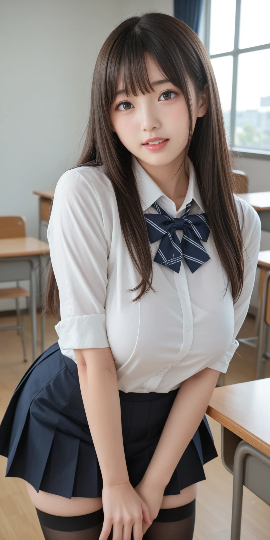 Highest quality,Super detailed,masterpiece,Hentai Realism,Photo Rare,Bright lighting,One Girl, Very beautiful 17 year old girl, (cute:1.6),A faint smile, (Brown eyes),(Brown haired),(With bangs),Perfect Glowing Skin,Perfect Skin,((erotic,Sexy and sexually explicit)),((Accurate Pointer,No discomfort)), Big ample breasts,Big breasts and small waist, View your viewers,((Summer sailor uniform)),((Long sleeve uniform white shirt)),(Navy blue tie),(Navy blue mini skirt),(((Roll up the skirt yourself))),(Lifted it himself),(Showing panties),Panties with lace,Panty Focus,(get up,Spread your legs)), socks, (Black knee socks),(Loafer shoes), During the day,School、classroom、