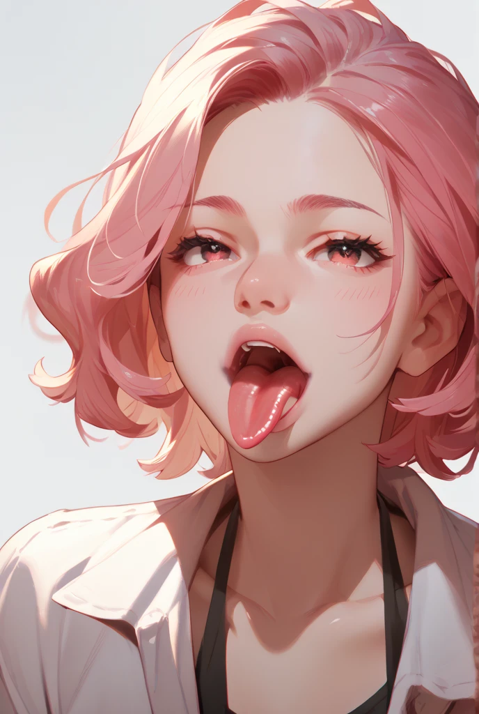 (NFSW:1.6))、(masterpiece), ((最high quality)), (masterpiece,最high quality,Official Art,Highly detailed CG Unity 8k wallpaper)、Beautiful Japanese Women、Face drawn in detail、Smooth Skin、(short pink hair:1.5)、Calm expression、high quality、Realistic、((Hollow Eyes:1.3))、A seductive smile、(Open your mouth and stick out your tongue:1.5)、(Looking up at the viewer:1.4)、(Saliva:1.9)、((Place one hand over your mouth))、Big Breasts