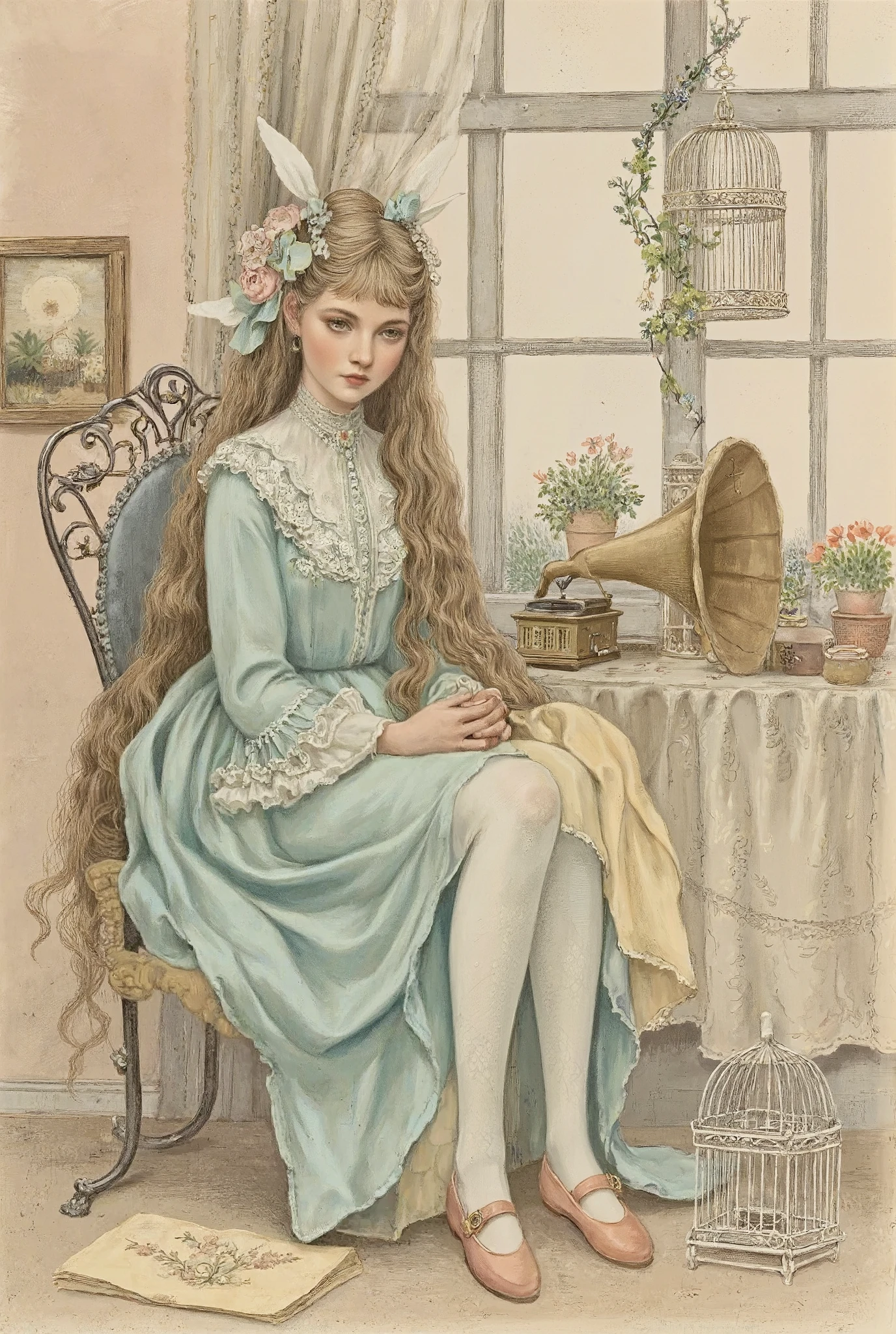 An old book illustration, a sketch. A sweet age girl with fair skin and light brown hair cascading to her waist sits elegantly on an ornate wrought iron chair by the window. Her expression is gentle, naive, thoughtful, and her gaze is slightly downcast. Pale, delicate features with softly lined eyes. A hoop on his head decorated with flowers, ribbons and rabbit ears. A delicate turquoise silk dress in Victorian style with exquisite fine lace embroidery, light silk stockings and pale coral shoes with buckles. The dress is decorated with delicate floral embroidery. There is an antique gramophone next to it. A light beige napkin with a floral pattern is spread out under her feet. Beige, dark gray and creamy pastel soft tones create a nostalgic, peaceful atmosphere. The windows and curtains are decorated with decorative elements. Cute indoor plants in clay pots. There is an old framed painting on the floor by the wall. A silver white birdcage hangs in the background.The color scheme of the old illustration, worn paper, sepia, restrained, almost monochrome color scheme. Vintage, antique style, detailed illustration. Soft lighting, diffused light sources that create a soft glow. A gentle and calm mood. The texture is similar to watercolor, drawing, ink, fine lines. Detailed rendering of clothing and facial features. Full view. The traditional style of illustration. Stylized digital art.