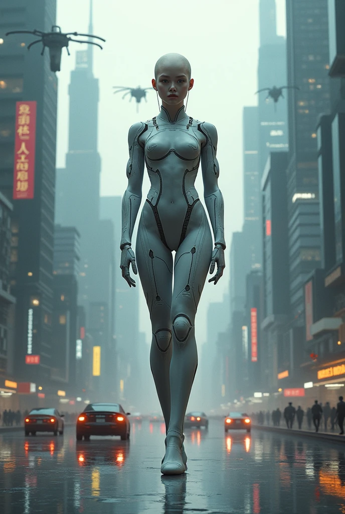 Cyborg in the big city, high quality, absurdres, masterpiece, beautiful, intricate details, 1/2 body crop, slim body, beautiful figure, magnificent anatomy, (intricate details:1.12), HDR, (intricate details, hyper-detailing:1.15), (natural skin textures, hyper realisitc, soft light, Sharp:1.2)