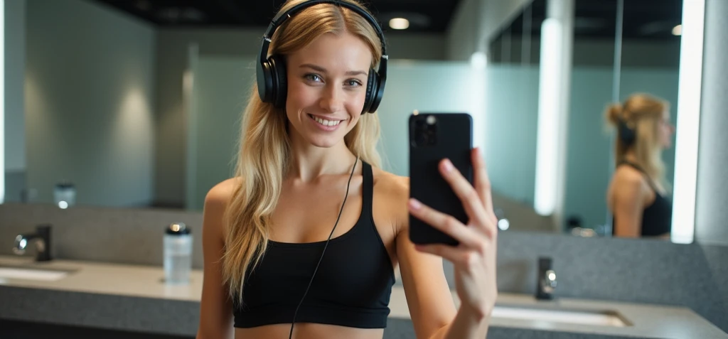 Fille, more realistic, G cup student naked, Selfie, in a tank top, Facing the camera, mannequin, latina, wears a headphone, background is a beach with sunset.
