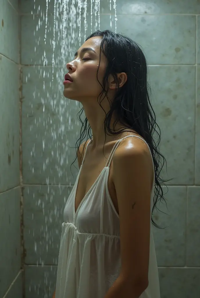 Young sweet beautiful Bogor city girl, 23 years old, thin body, slim thigh, sweet georgeus Bogor city girl face, descent mixed from sundanese and turkish, wet very messy short black hair, standing shock  full convulsions on a wet steel floor in center of a wet  jail room, exhausted open wide chained legs,  being punished by very high voltage electicity at her butt, in a jail room as a political prisoner in Bogor,  both her hands chained backwards, being having interogation in center of  room, wearing wet white dirty Torn apart mini  short, hyperrealistic, very detail, no cartoon,   very grimacing in pain convulsions face,   bulgged panic  convulsions eyes, raised head, bending full backwards spines, open wide mouth to taking deep breath,  full all body  to the feet view, all fingers have normal shape, legs have normal couple numbers and shape, in the afternoon,   wearing wet white dirty thin tank top torn aparts t-shirt, no bra, no panty, some buckets of water being splashing to her head and body, water flowing down from all her skins and hairs, water splashed and drops are visible, 