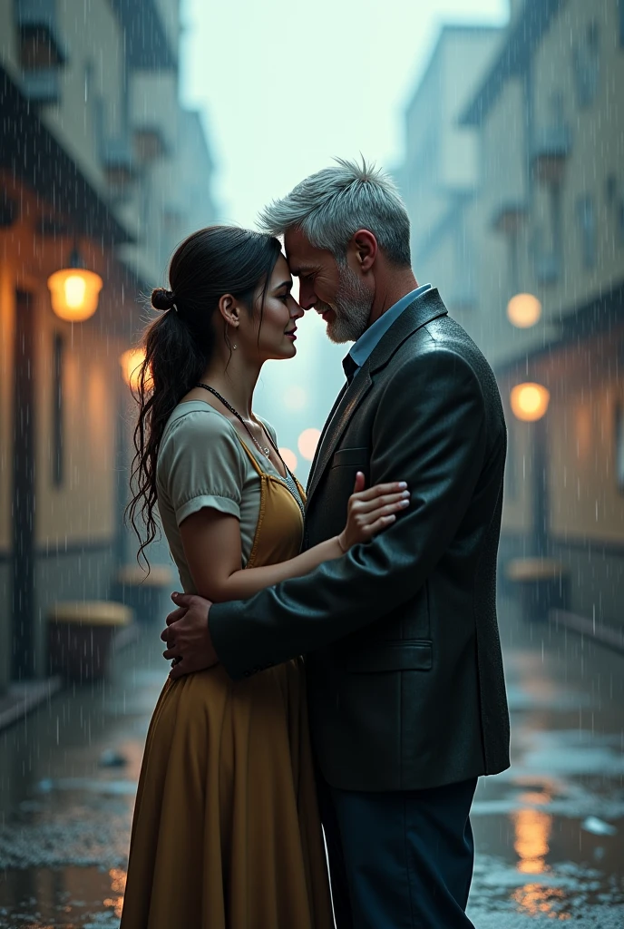 16 year old white female with big hair and school clothes hugging and kissing older male with white hair and black clothes on street 