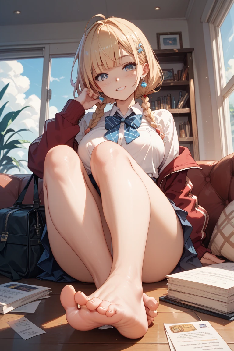 Chestnut Hair、Semi-long hair、Blushing、I can see her pantie-shaped legs、On the sofa、Coffee shop
