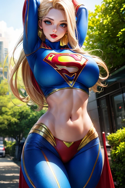 realista, 1girl, cabelo loiro, olhos azuis, olhos azuis brilhantes, top cropped, saia, half-open lips, blush, noite, flores, sol, luz solar, com letra S do superman no peito. Blusa sexy e bem apertada ao corpo