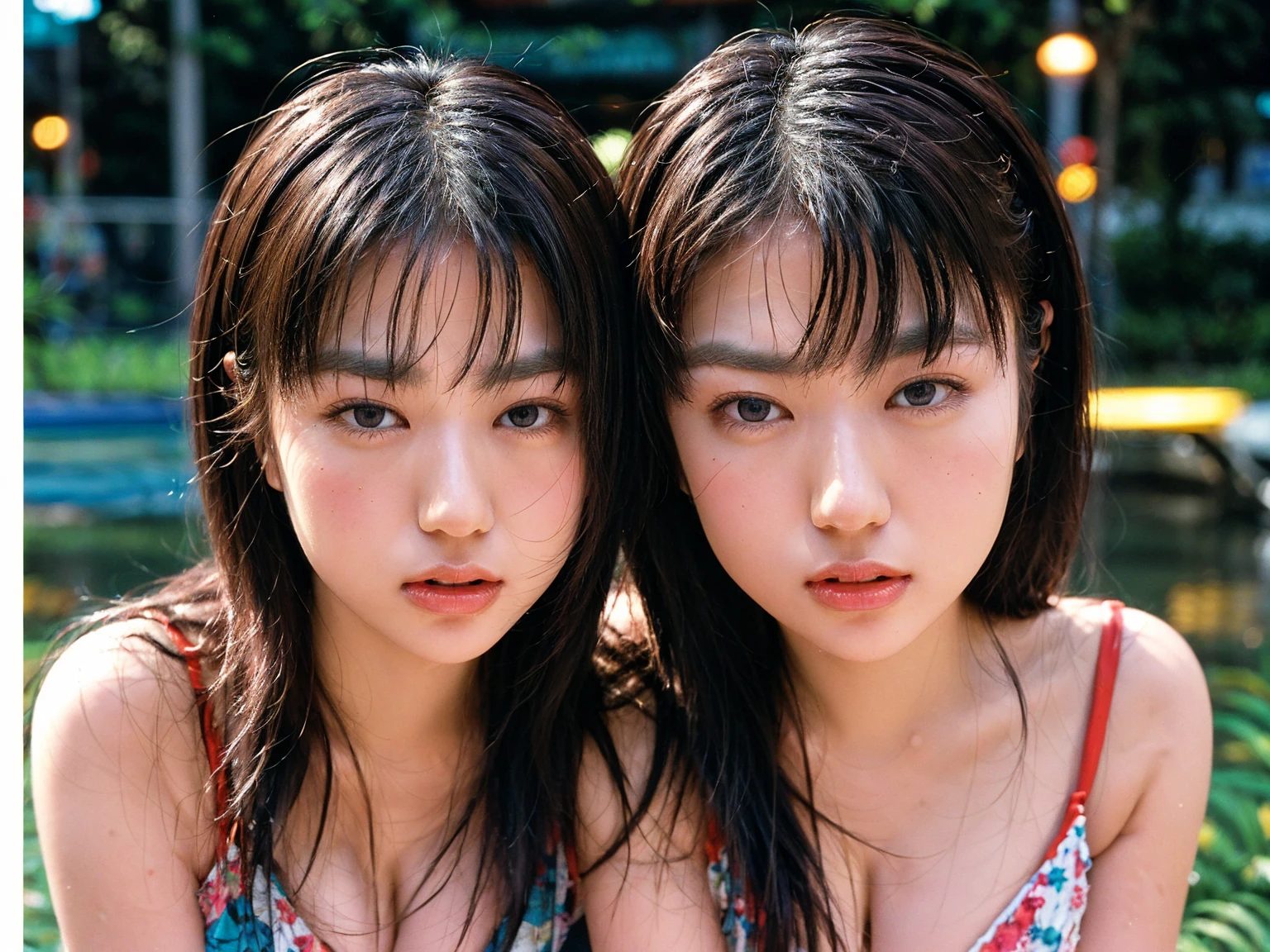 highest quality、Super high resolution、(Photoreal:1.4)、identical twin sisters、Swimsuits that are not too revealing、(faded ash gray hair:1)、(huge breasts:1.2)、looking at the viewer、Close-up、big、sunset