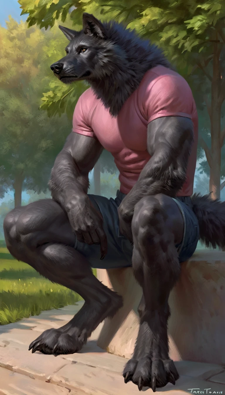 Solo, male, brown wolf, wearing masquerade mask, naked, penis and ball, shoes_only, (brown shoes), pain expression, masturbating, (stroking his penis), (wearing a condom on his penis), siting on a bench, at a public park, night, by chunie 