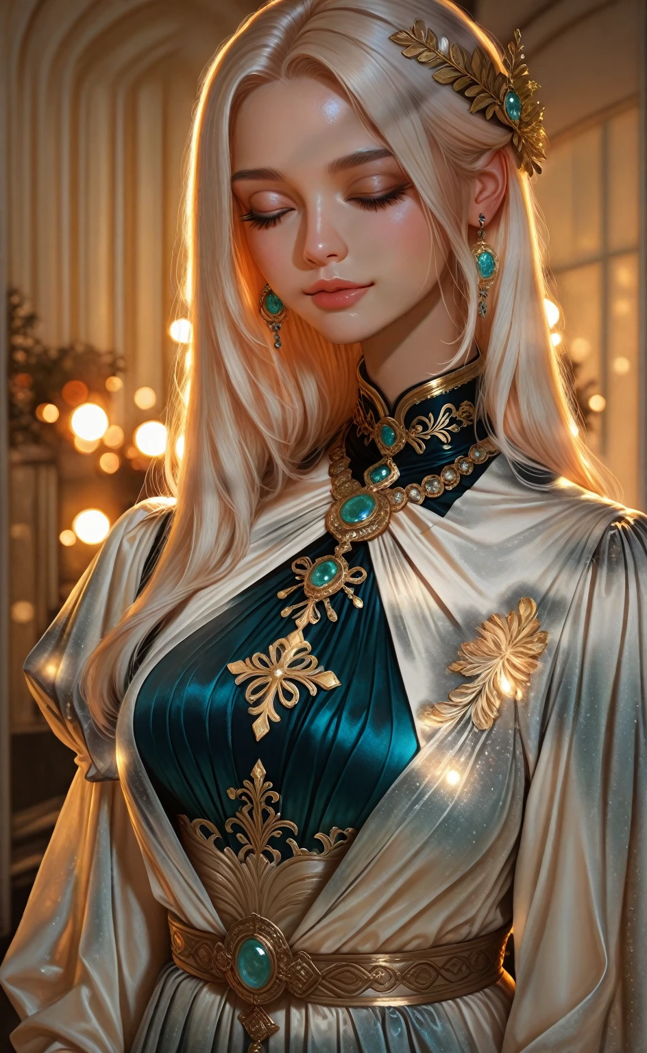 Ultra-detailed 8K CG，intricately details，delicate patterns，jewely，Pedras preciosas，gold，golden colored，golden theme，shiny，glittery，glittery，blond hairbl，yellow capelet，Yellow eyes，abundance，reputation，gothicarchitecture，