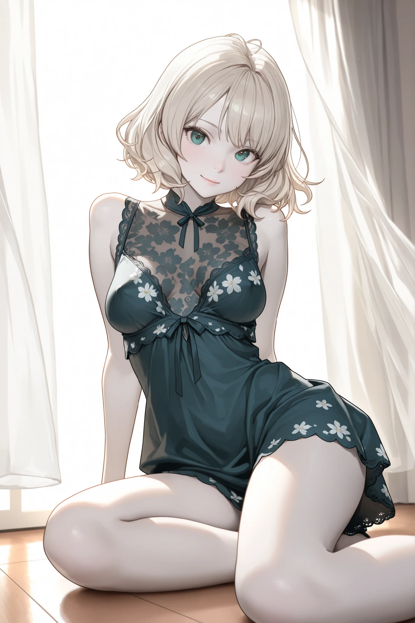((((masterpiece, Highest quality, High resolution)))),Ultra HD 8k 1 girl, Very detailed and beautiful face,Green Hair,Purple eyes, Short Wavy Hair, Bobcut, (extremely large udder: 1.2), (Extremely big ass)blush, A light smile, shine, Thighs, Bare shoulders, clavicle, Tight waist, Cleavage, (Beautifully detailed face, Beautiful detailed eyes with large pupils,Drooping eyes), long slender Thighs, Perfect Eyes, Looking at the audience, Captivating looks, Seductive pose, The crotch of her panties is visible,Beige lace lingerie,View from behind