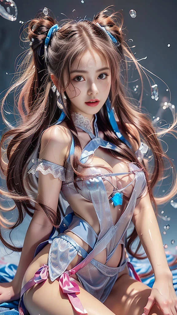 Masterpiece, best quality, super detailed, 8K, detailed light, (detailed skin), 1 sexy girl, tifa (Final Fantasy), face, 18 years old, black hair, long hair, black eyes, eye reflex, sentient eyes, detailed eyes, solo, extremely tender white skin, moist skin, skin reflection light, ice magic, snow magic, updraft, complex ice evening dress, lots of sapphire jewelry, belly dance, ((((ice style))), glacier background