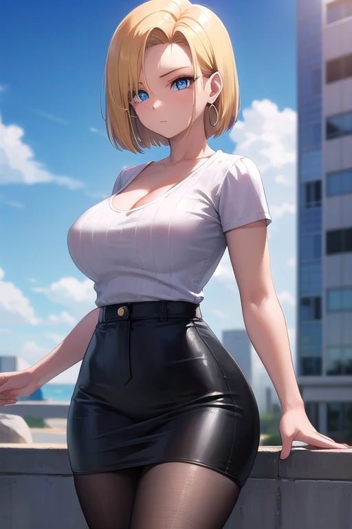 Best quality at best， A high resolution， and 18， 1girll， Android 18， 独奏， blond hairbl， eBlue eyes， short detailed hair， 耳Nipple Ring， jewely， denim vest， Open the vest， black pantyhoses， Black shirt， Denim skirt， Striped long sleeves， blue skirts，big cleavage breasts， cowboy lens， the street，（（（（（Open legs： 1.8））（（（Erection of 1.4））