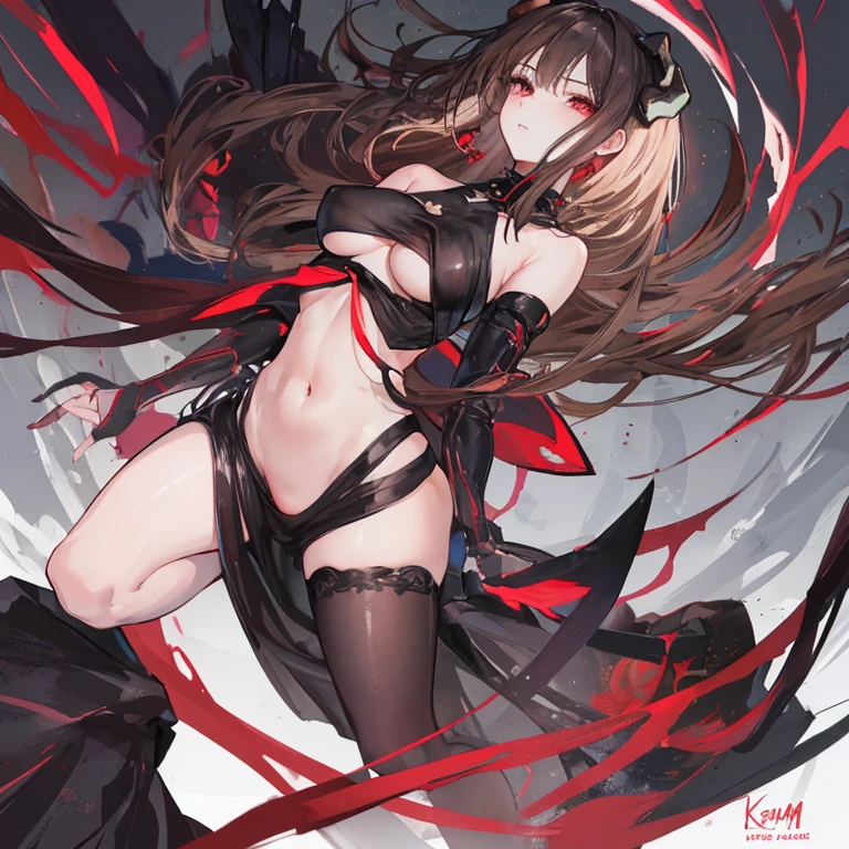 (Exquisite eyes),(Clear and beautiful eyes:1.61),masterpiece, 1 young girl,(Black clothes and some red gems), Black long hair, (She has a huge red gem on her chest), Good Hand,((The Havoc of StarCraft)),full-body shot,Fighting Stance,(Red Eyes:1.466)，short and small,(Very big breasts:1.35),(Pretty Face),(full-body shot:1.33),Beautiful hands