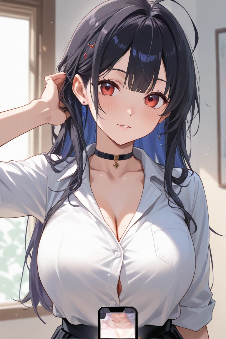 best quality, absurd res, highly detailed, (masterpiece). painterly, anime.
(downblouse, cleavage:1.4), leaning forward, adjusting hair, teacher, black shirt, skirt.
ouro kronii, 1girl, solo, long hair, multicolored hair, blue hair, purple hair, breasts. from below, standing looking down. covered happy, smile.
realistic shadows, detailed shadows, shadows over face, highly detailed, detailed eyes, detailed hair.