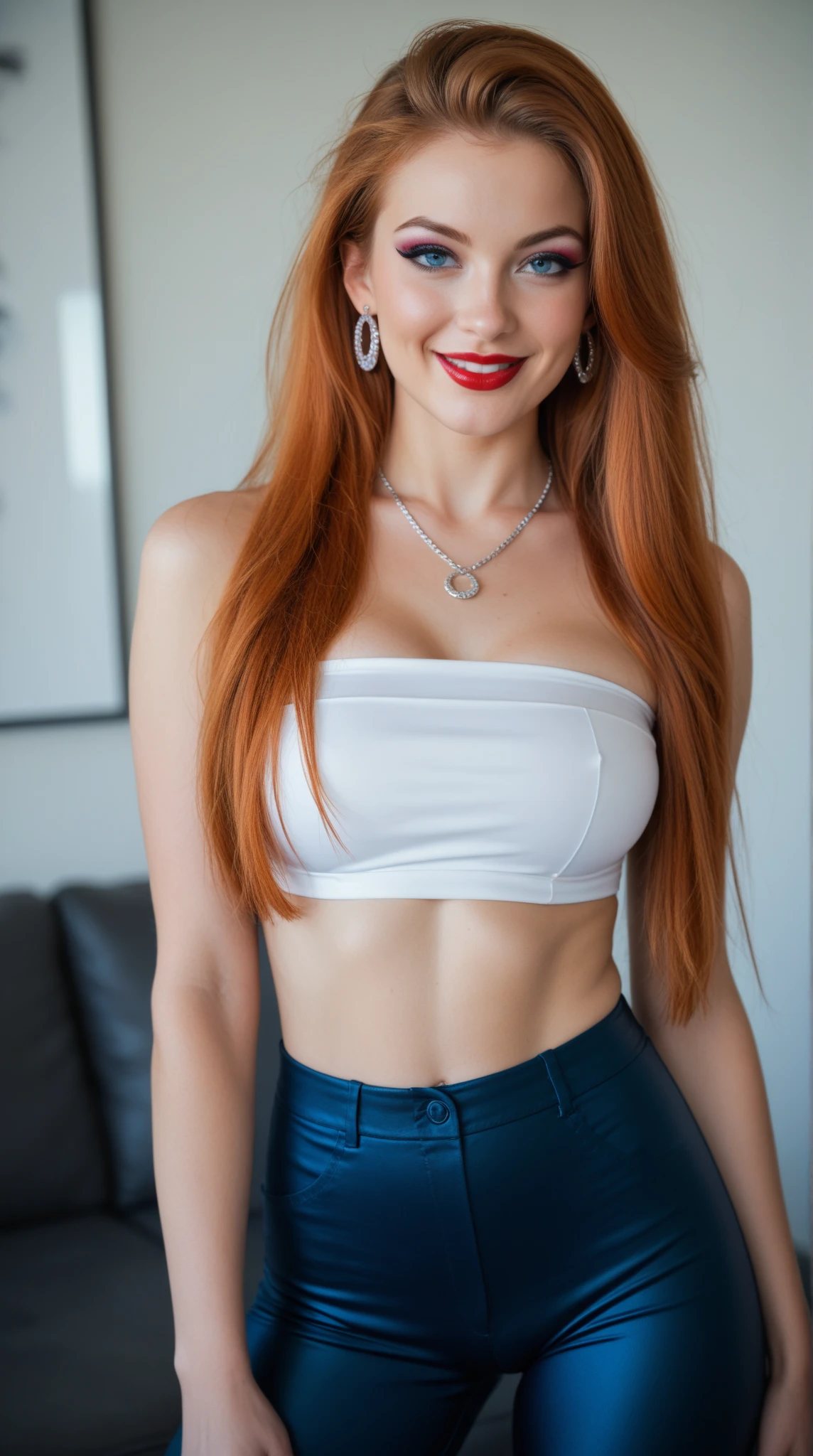 ultra realistic, photography, long red hair, girl, 24 years old, hourglass figure, perfect body, Flirty look, extremely detailed artgerm, in the style artgerm, small breasts, facing the camera, lens 35 mm, blur background, white tight short short turtleneck top, tight skinny blue jeans, big , hands behind body, hyper realistic photo, glamour photo, funny, heavy makeup, hyper realistic photo,