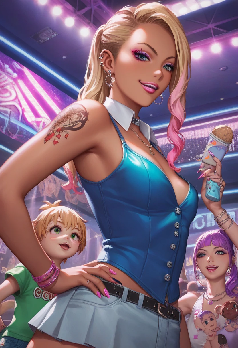 Masterpiece, best quality, high quality, 1 girl, solo, harley quinn, double tail, smile, blue eyes, blonde, shopping in the supermarket