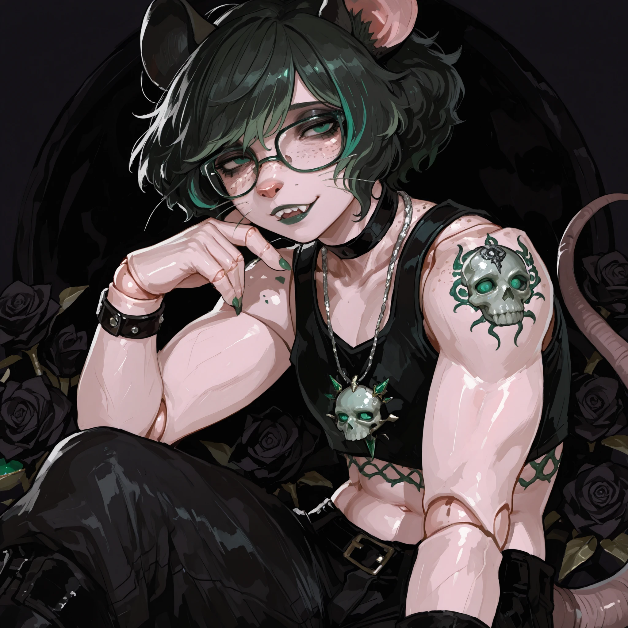 (Tall male), (black big curly afro with green highlights), (Green streaks in hair), (green eyes), (glowing iris), (black choker), (black leather bracelets), (Black Rose Tattoo on right shoulder), (Silver necklace with a green jade skull trinket), (fingernails), (green nail polish), (Long curvy fit legs), (freckles on face), (freckles on shoulder), (Dark Grey lipstick), (rat ears), (black ears, pink inside), (chipped right ear), (rat buck teeth), (white sclera), (rat nose), (rat tail), (anatomically correct rat whiskers), (goth makeup), (plump kissable cupid lips), (half open tired eyes), (glasses),(Flat chested), 8k quality, highly detailed, Persona Art Style, perfect detailed face, Fit upper body, Fit muscular arms, detailed muscles, Tomboy muscle build, detailed eyes, perfect detailed hands, accurate detailed doll joints, detailed thigh doll joints, detailed doll joints, detailed doll neck joint, detailed lips, 80's comics, femboy, cute, 80'sアニメーション、score_9, score_8_up, score_7_up, (One) elegant, Cheeky pose, Focus on face, Top half photo, Gothic Skull Mesh Crop Top, Gothic Punk Gothic Cargo Pants, Close up view, Close up view on face, Portrait oil Painting style, realistic painting style, cute rat-like facial features, anthropomorphic, anthropomorphic face, sultry Expression, sharp rat claws, fierce eyes, sitting, legs crossed, full furry anthro, mature feminine body type, cream colored fur on body, Rat buck teeth, black smoky background, fur covered skin, black rat ears pink inside