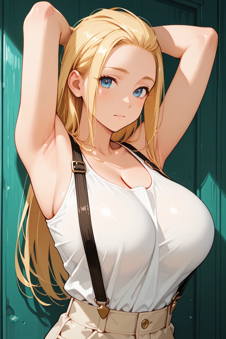 8k, Obra maestra, extremely magnificent view, CG high details, 8k, Ultra high resolution, (style of Akame Ga Kill!), BREAK, face with a lot details, eyes details, perfect anatomy, super detailed skin, (dynamic angle, pose casual:1.2), wet t-shirt, big breast, visible navel, perfect anatomy, cleavage, neckline, nipples, big teats, (under the chest), wearing a black choker, (enfoque en la pierna, cuerpo completo:1.3), beatiful legs, beatiful face, perfect ass, perfect buttocks, round ass, one girl, 20 years old, blonde hair, long hair, green eyes, (white wet T-shirt), mangas largas, wide hips, thin waist, worn jeans