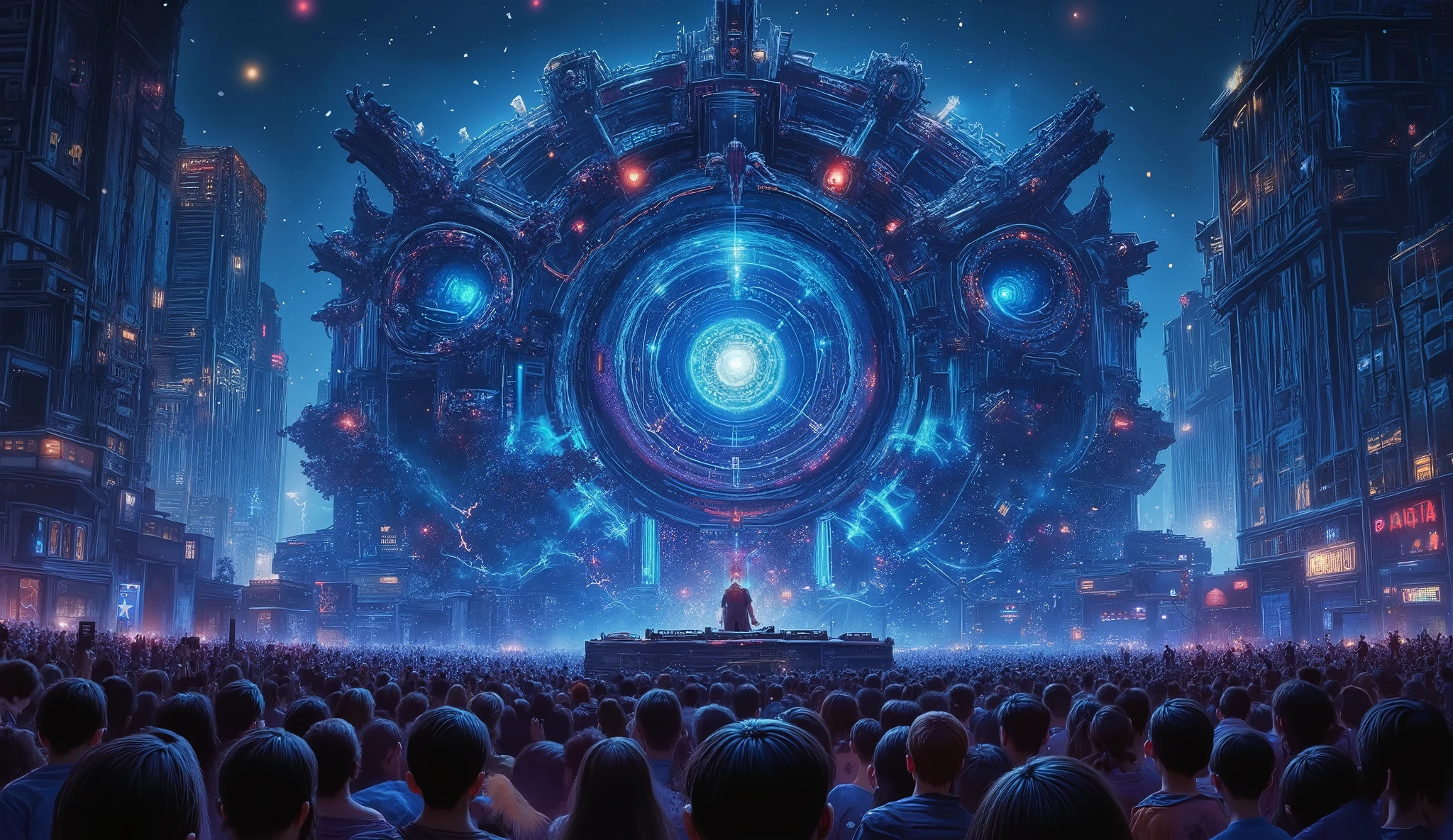 (( A Colossal Event on an Armed Stage in a large metropole , stage of the layoffs and pickpockets and the thickness of a large building, built specifically for a large Festival, in the background a state-of-the-art three-dimensional screen creates surrealistic effects such as replicating Holo graphically the DJ who is performing for thousands of people at the Festival, cinematographic image , HD , 8k , Rain Weather give more color and dynamism to the show filled with screens and a surreal visual effect , interacting with thousands of people at the big event))