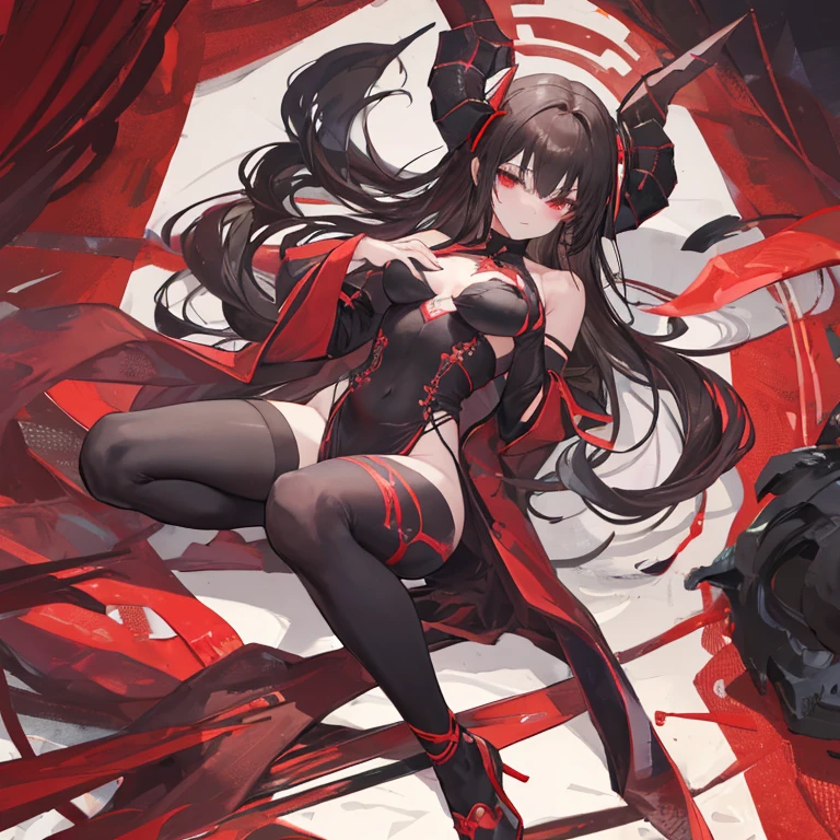 Exquisite eyes),(Clear and beautiful eyes:1.61),masterpiece, 1 young girl,(Black clothes and some red gems), Black long hair, (She has a huge red gem on her chest), Good Hand,((The Havoc of StarCraft)),full-body shot,Fighting Stance,(Red Eyes:1.466)，short and small,(Very big breasts:1.35),(Pretty Face),(full-body shot:1.33),Beautiful hands