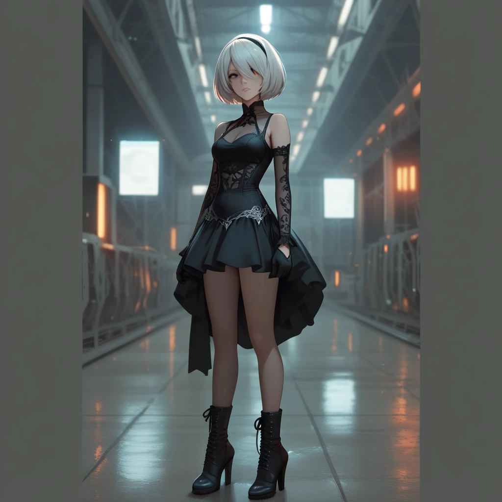 (Young Face),(Perfect eyes), (Perfect hands), (Perfect fingers), (neck-length short hair: 1.5), (Concise tight skirt: 1.3), Silver hair, Collar, (gloves: 1.2), (guns), chains, in the distant future, the line between science fiction and fantasy has disappeared,(Very detailed CG 8k wallpaper), (Extremely delicate and beautiful),Beautiful lighting, Realistic Shadows, [High resolution], detailed skins, Ultra Detail, nffsw (High dynamic range), Ray tracing, NVIDIA RTX, Hyper-Resolution, Unreal 5, Subsurface scattering, PBR Textures, Post-processing, Anisotropy Filtering, depth of fields, Maximum sharpness and sharpness, Multilayer Texture, Albedo and Highlight Mapping, Surface Shading, Accurate simulation of light-material interactions, Perfect proportions, Octane Render, bi-color light, Large aperture, Low ISO, White Balance, thirds rule, ,Dutch Angle,Good anatomy),Dynamic Pose, actionpose, open pose, (dark brown eyes),with strobe light、Dramatic shadows and highlights、Create images with a sense of depth and three-dimensionality,1 Female Gothic、Tangles、ornate,