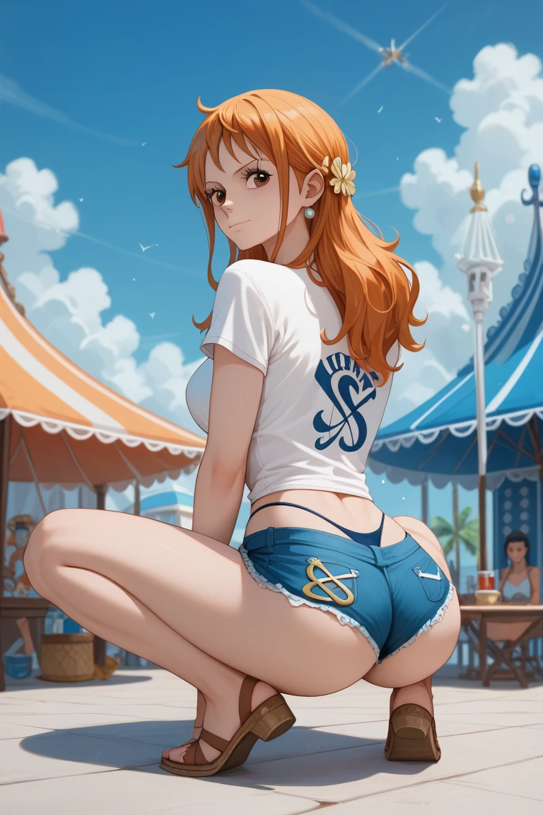An arafe woman wearing a bikini top and super miniskirt and holding a sword, Crawl on all fours with both hands on your hands、White panties are fully visible、Angle seen from behind while crawling on all fours on the bank、White shorts visible under the miniskirt、nami one piece, beautiful portrait of nami,White panties visible from the miniskirt、Squatting with M-shaped legs、 Nami of one piece,Nami in super miniskirt, Detailed Digital Anime Art, Cute exirobat showing white pants, Very detailed ArtGerm haha, deviantart artstation cgscosiety, realistic bikini, Swimsuit, fanart best artstation, ArtGerm. high detailing