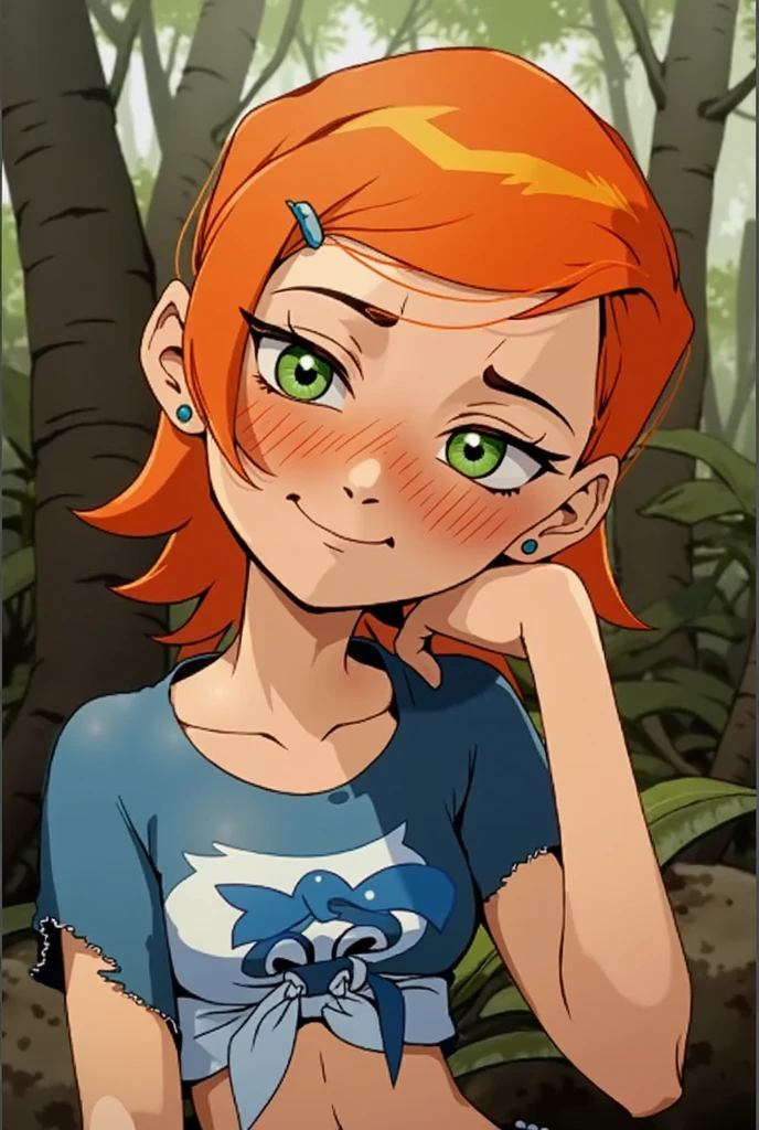 (Masterpiece), Best Quality, ultra-detailed, 1girl (Gwendolyn_Tennyson, beautiful face, breasts, orange hair, short hair, green eyes, half-closed eyes), , a come-hither face, parted lips, facing viewer, looking at viewer ,nose blush, blush, solo, thin T-shirt, navel, belt, denim shorts,in the forest, standing, come-on, love juice flows out of her pussy, from_below