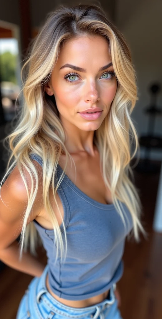 A 23 year old blonde woman, ((large )), ((hyperrealism)) ,. cheveux blonds with light brown roots. cheveux blonds, Hair with brown roots, very long hair, very long hair, very long hair, Bon, Photo prise avec iPhone, white shirt with escote, deep cut, photo miroir qualité salle de bain, iPhone , good quality, selfie iphone, Low-cut, loin du miroir, 2 metres de distance