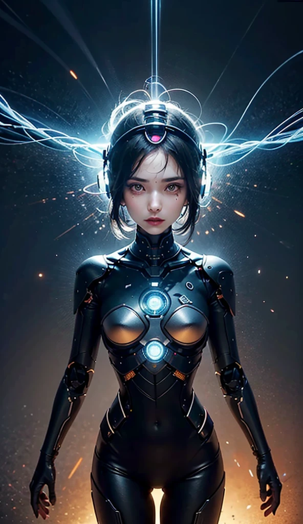 Close-up waist-up portrait of Cinderella reimagined in a cyberpunk setting, modern dress infused with holographic elements. She exhibits a seductive and charming demeanor, with magnetic cybernetic eyes that hold a mesmerizing look. Her backdrop features a futuristic cityscape with looming skyscrapers, reflecting her new-age fairy tale story. The scene captures her as a temptress with an alluring gaze and attracting looks, masterpiece: 2, best quality, ultra high-res, original, extremely detailed, perfect lighting