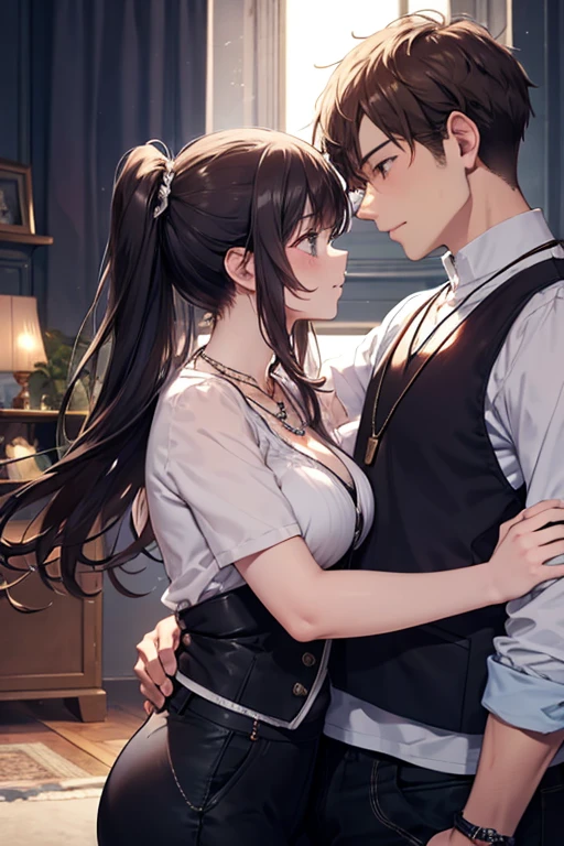 (8K、top-quality、​masterpiece:1.2)、(reallistic、Photorealsitic:1.2)、Anime style、Couple of 19-year-old female and 19-year-old male、(((supright straddle)))、vaginal、sex、hug、Woman Topless、tits out、teats、Sweaty、Skirt with woman ruffles、Panties、vaginal、Female princess and male butler、on the beds、beautiful countenance、A detailed face、Detailed and big eyes、(afterglow)、(orgasm)、- An expression that looks like it is about to come、Victorian Room