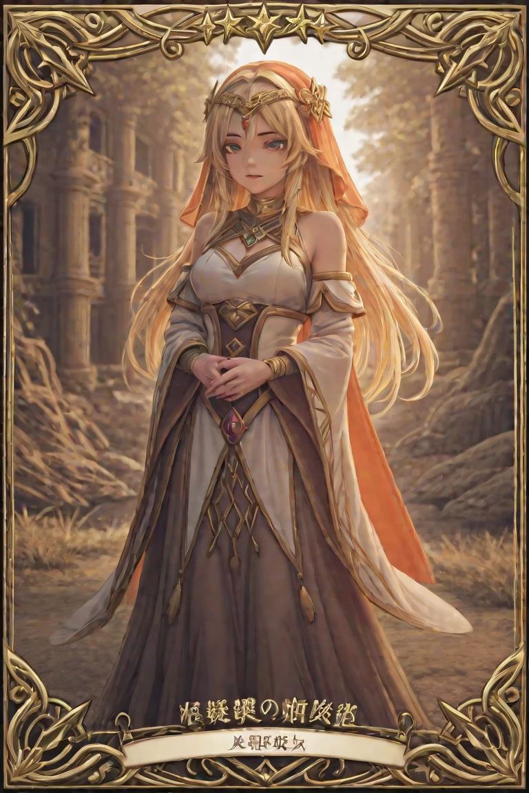 best quality, (masterpiece:1.2), illustration, absurdres, portrait (1girl, solo), (beautiful detailed girl), golden hair, long hair, red eyes, medium breasts,, shy, green hat, hat with feather ornament, negligee dress, (fantasy:1.1) (medieval:1.1) outfit, not looking directly at the camera, flowers, fairy ring, ancient ruins, stone ruins, lake, sky, clouds