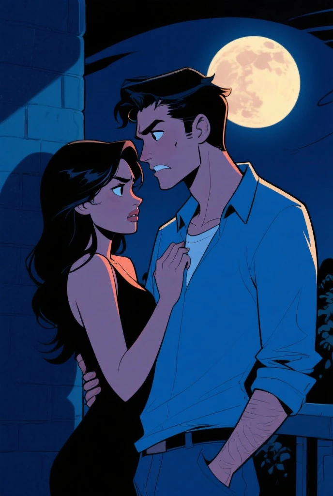 I want to make a priest with red hair, by the way, this should be short hair and very attractive talking under the full moon with a Mayan native., I want the girl to be one with dark hair and brown skin, I want a cartoon style for a comic