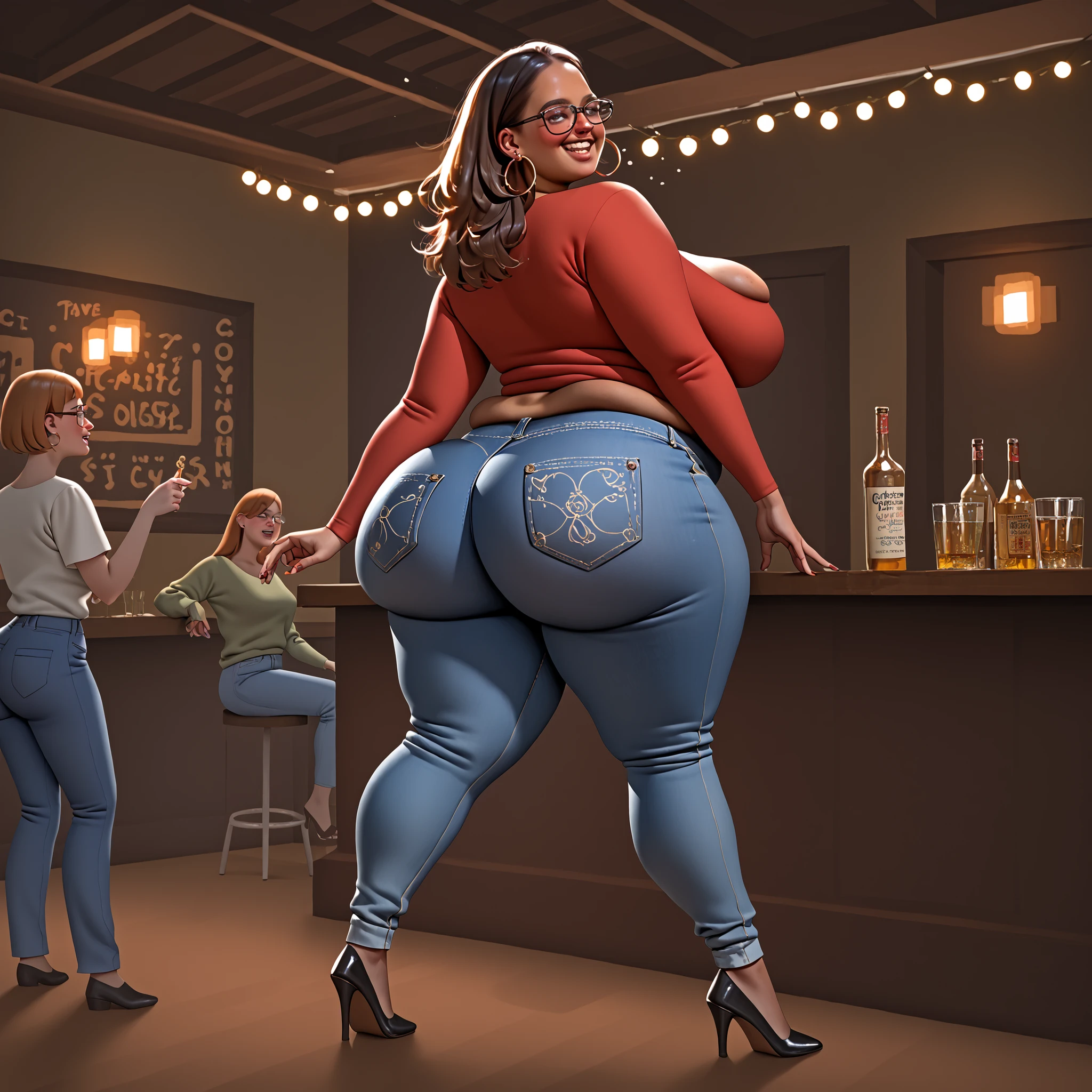 score_9, score_8_up, score_7_up, ((full body))
At a party or club setting, a dark room with lights at an apartment, she is drunk. Her hair is a mess and clothes are ascue.
Black ethnicity, dark skin, curvy girl, long straight hair, wide hips, tall curvy body, slightly cubby belly ((modest breast)) ((modest butt)) hair shaved on the sides. Glasses, casual clothes. Hoop earrings. Tight jeans.