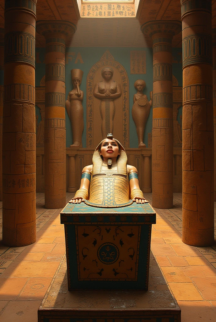 An Egyptian mummy woman on the chair inside an Egyptian funeral room and, next to her, the Egyptian god Anubis