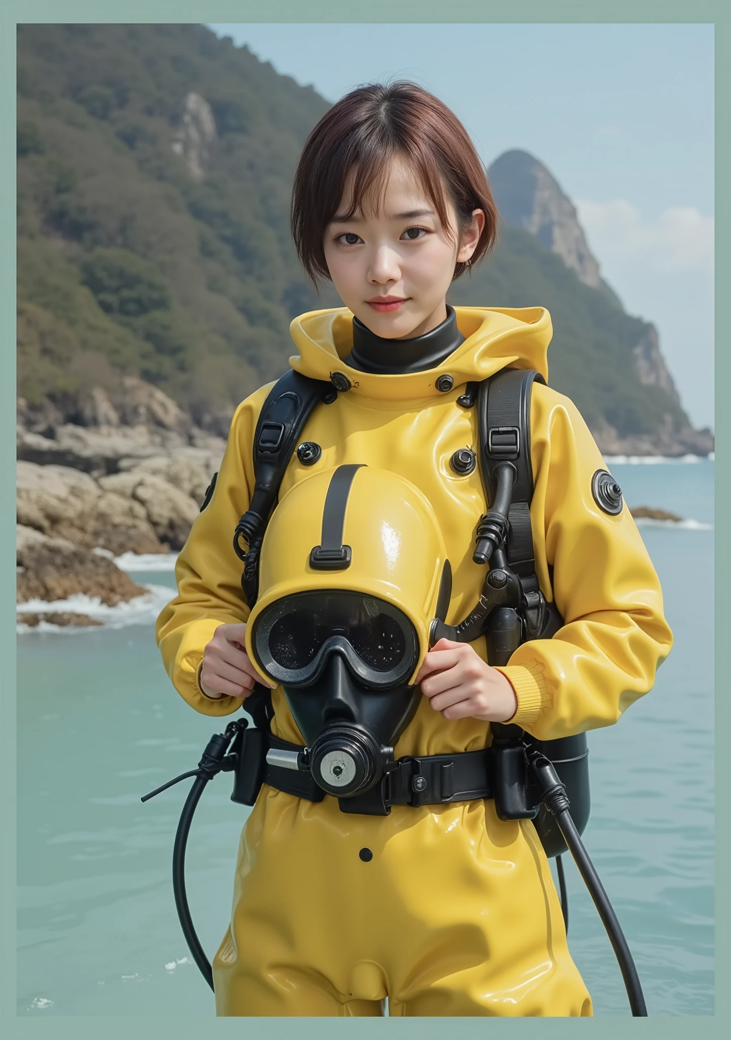 A documentary photo, Photo-realistic, ultra-realistic, (Japanese beautiful young woman, famous Japanese idol, boyish cool face:1.3), wetlook rubberish shiny yellow clothes,(thight simple turtleneck collar):1.4 (with diving hood):1.4, (((very thight hood)) removed from her head):1.6,she is a military diver of Japan navy, experienced military diver, wearing a professional wetsuits for military diver with professional scuba equipment, She is on a shore, She is preparing to scuba dive for a lifesaving mission, there is a small battle ship far behind her,, Natural Makeup, boyish face ,Front View:1.21, Perfect :1.21, Small head:1.21, Slender body:1.37, Narrow waist:1.5, Thin limbs:1.5, Flat :1.5, Anatomically correct limbs, Diving Suits warm wetlook (high smooth turtleneck collar), Fully equipped for diving, Very cute Japanese woman, , , Calm sea in qinter, Dynamic and emotional movie lighting,