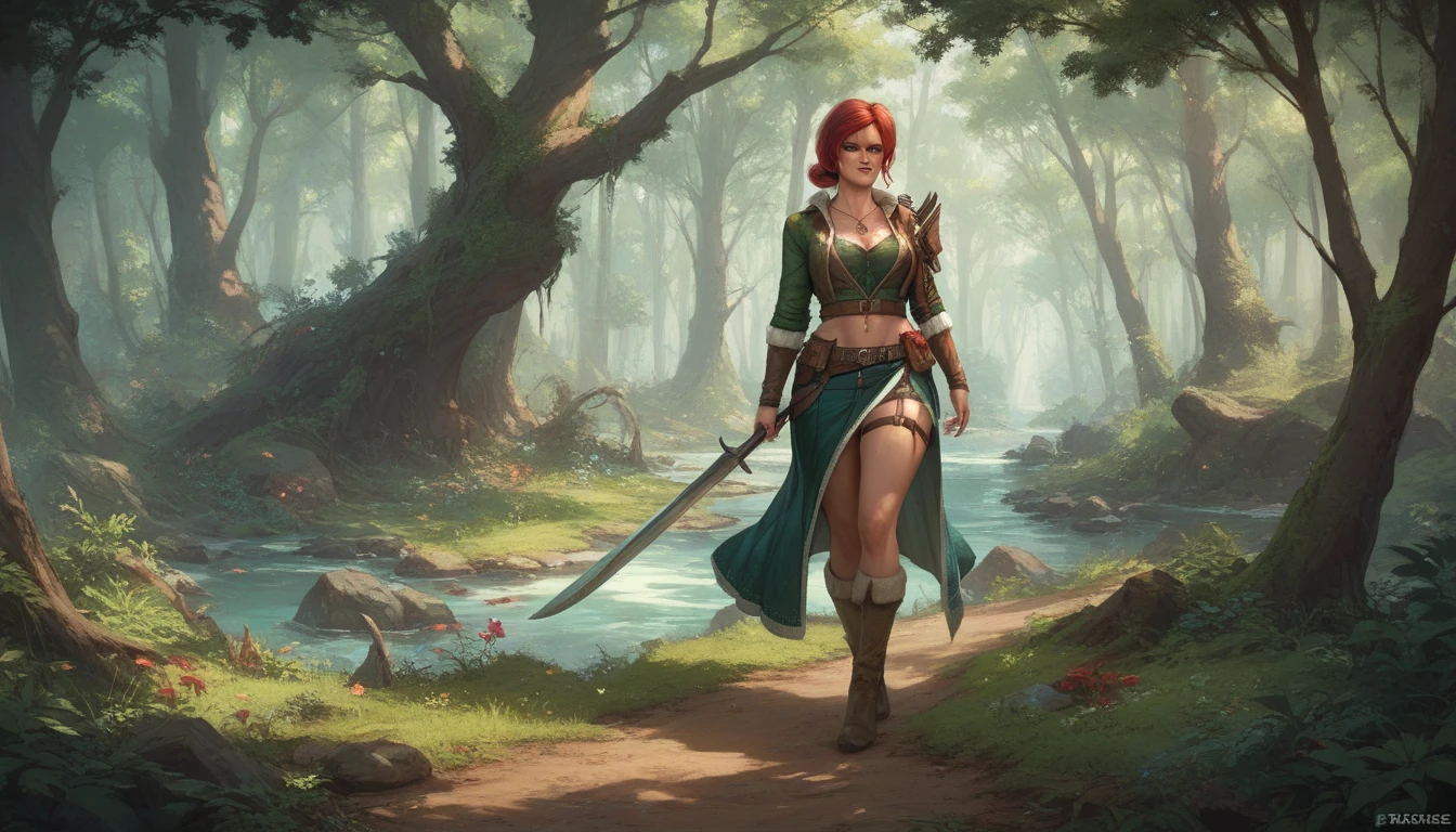 1woman, adventurer, medieval, walking through the forest , smiling, curvy, soft midriff.