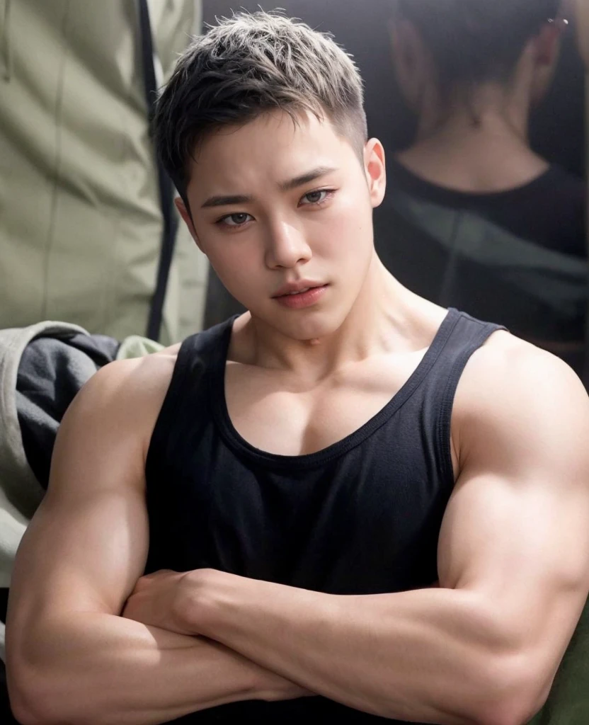 Solo, male focuasterpiece, ultra quality, high resolution, 8k, intricate: 1.2), (detailed face:1.2), handsome, Young handsome Korean man ,sticking out his tongue, wearing nothing, fully naked, correct looking body , correct hands , detailed skin, 1boy, ((realistic)), (Crawling on All Fours, Kneeling), bodybuilder , masculine , hunk