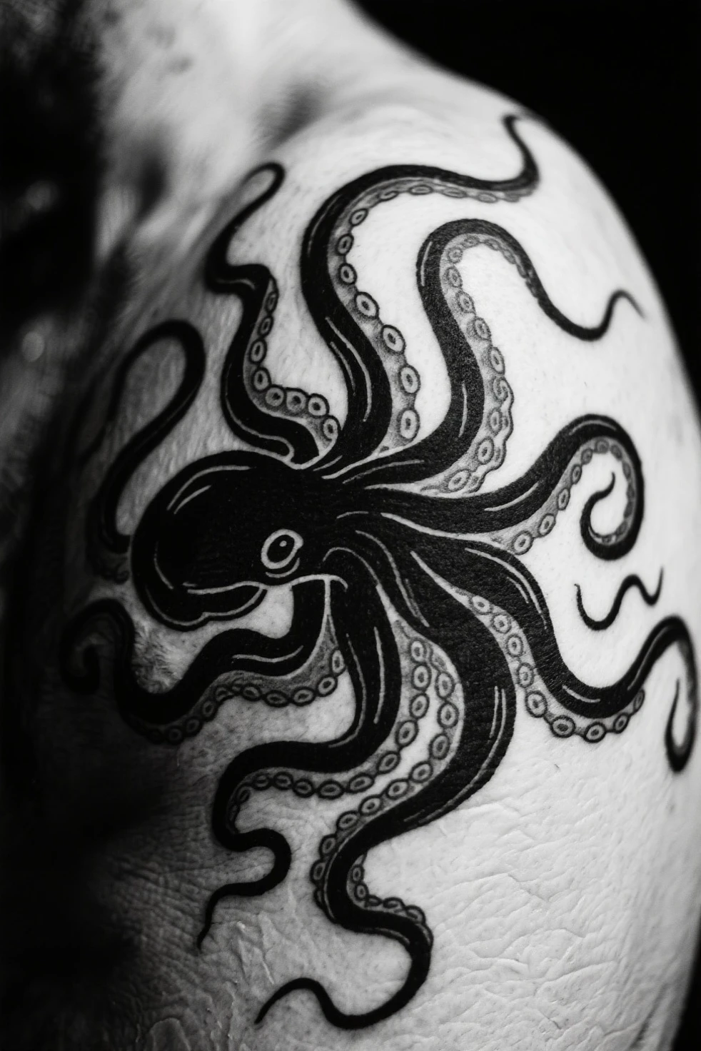 black and white japanese style chest tattoo of a hostile looking octopus
