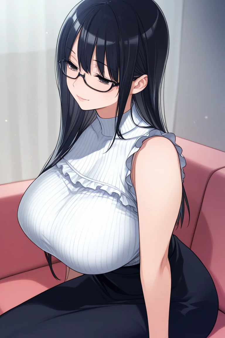 1girl,solo,Mature Woman,Black Hair,long hair,Glasses,mother,gentle,kind face,Super huge breasts,Big thighs,Black Dress,necklace,Are standing,Looking at this,Inclusive,White background,