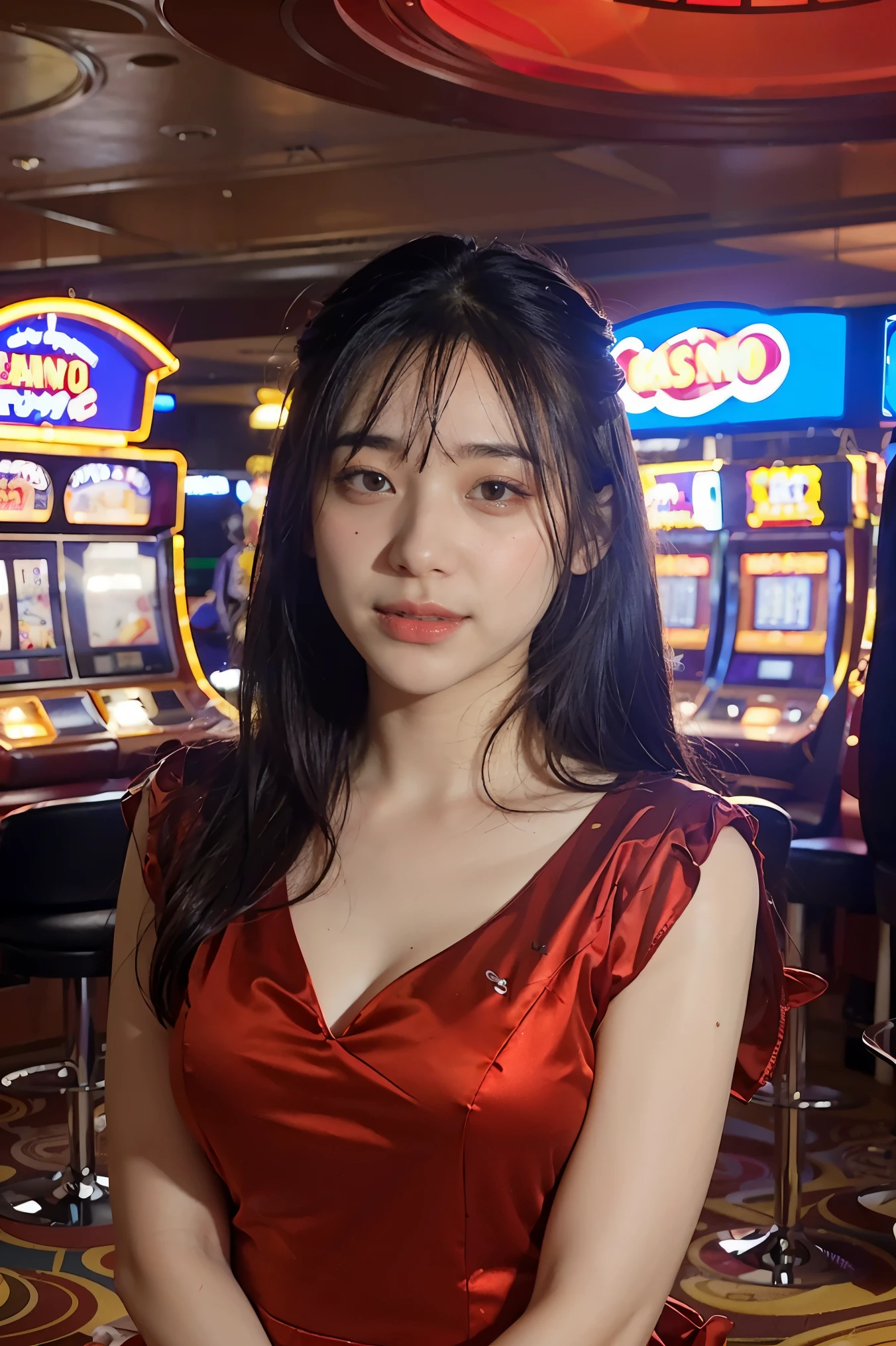 hyper realistic lifelike texture dramatic lighting unrealengine trending on artstation,award-winning images,Nikon RAW images,8 g,Fujifilm XT3,Masterpiece, best quality, realistic, photorealistic,Very detailed,ใบหน้าที่มีรายVery detailed, alone,1 girl,Wear a corset.,Irene 1,   (random background,In casinos,VIP casino room, Modern Casino Console, Modern Slot Machines )